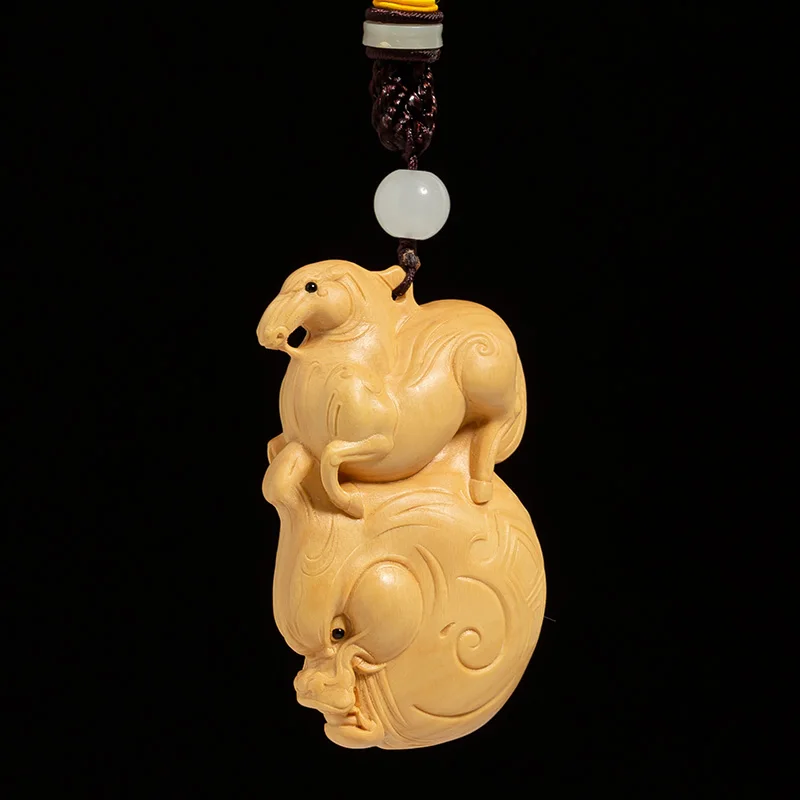 XS610- 7 Boxwood Dragon and Horse Chinese Zodiac Feng Shui Pendant Wood Statue Animal Car Hanging Lucky Netsuke