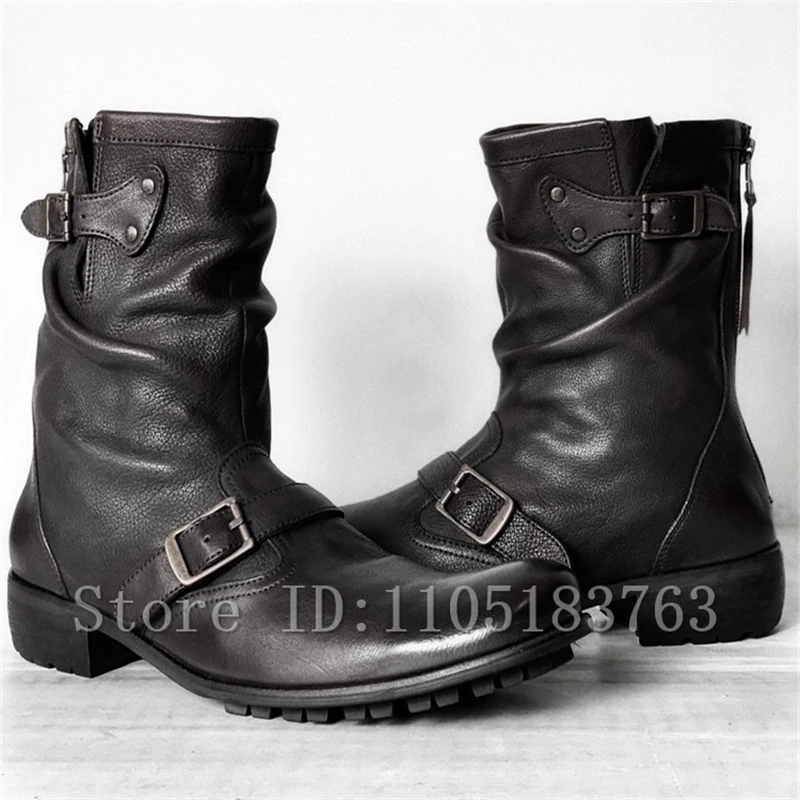 الرجعية نمط حزام مشبك أسود دراجة نارية أحذية الرجال مطوي كعب سميك عودة زيبر خمر تشيلسي الأحذية