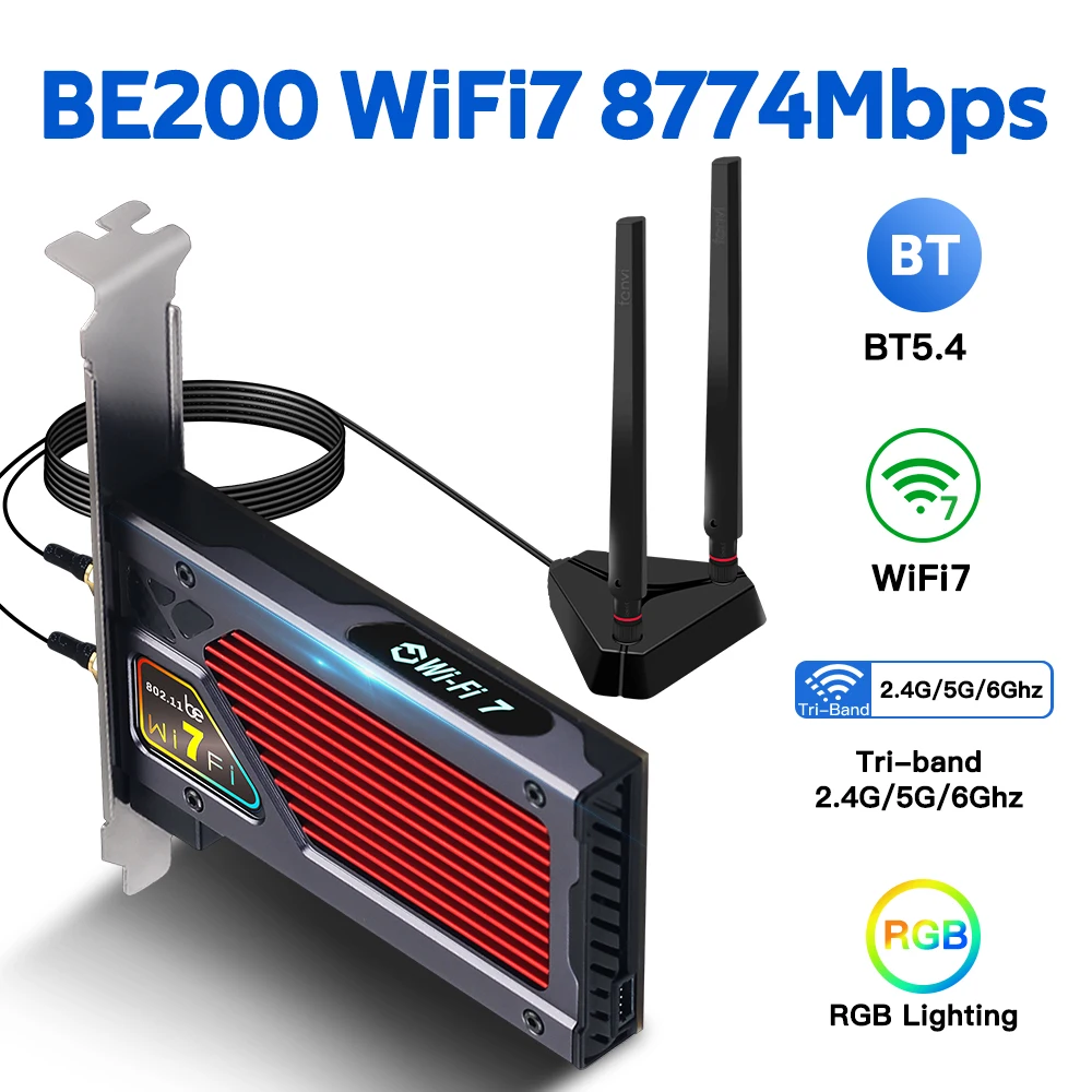 

WiFi 7 BE200 8800Mbps PCIe WiFi Adapter Bluetooth 5.4 WiFi7 Tri-Band 2.4G/5G/6G for Intel BE200 Wireless Network Card FV-BE8800R