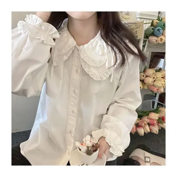 Pastoral Mori 일본 오리지널 로리타 인형 칼라 레이스 업 셔츠 달콤하고 귀여운 소녀 흰색 레이스 다목적 긴팔 탑