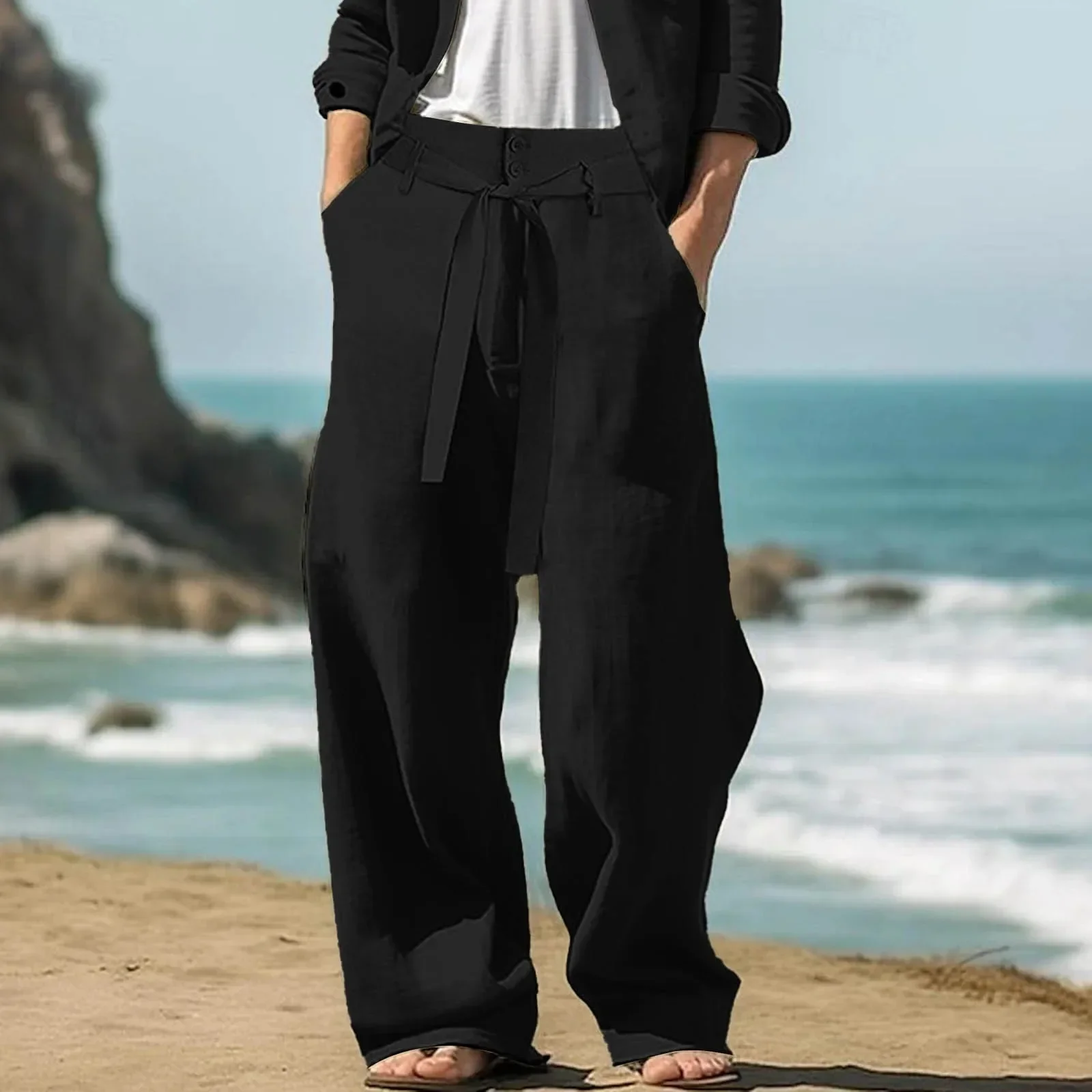

2025 Spring Summer Breathable Pants Mens Seaside Beach Solid Color Cotton Linen Trousers Men Fashion Casual Lace-Up Loose Pants