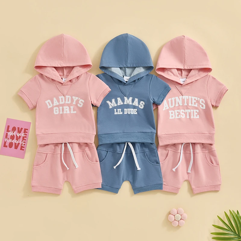 

Toddler Baby Boys Girls Clothing Set Short Sleeve Hooded Letters Print T-shirt with Elastic Waist Shorts Summer 2-piece Outfit