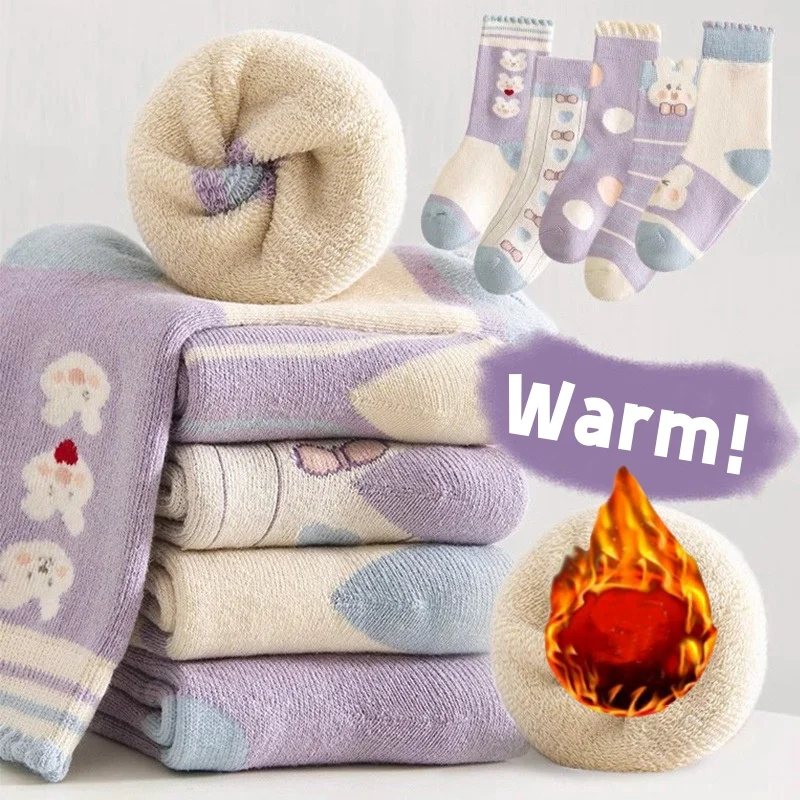 

Girls' Winter Socks Thick Cotton Warm Socks Little Big Girls Floral Bunny Socks 5 Pairs/bag Baby Calf-length Thermal Terry Socks