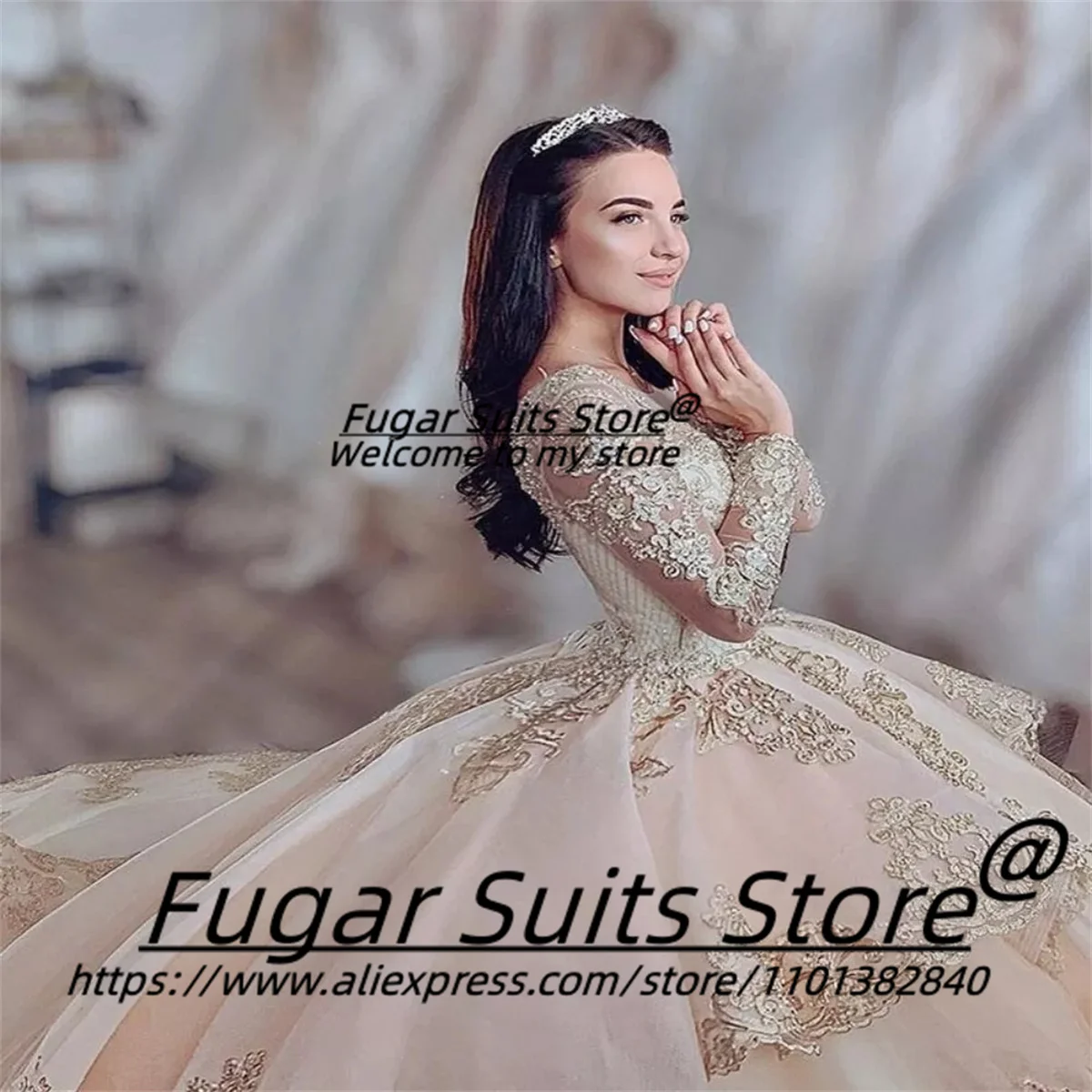 Luxuly High-end Gold Appliques Shiny Sequins Quinceanera Dresses Prom Party Long Sleeves vestidos 15 años quinceañera