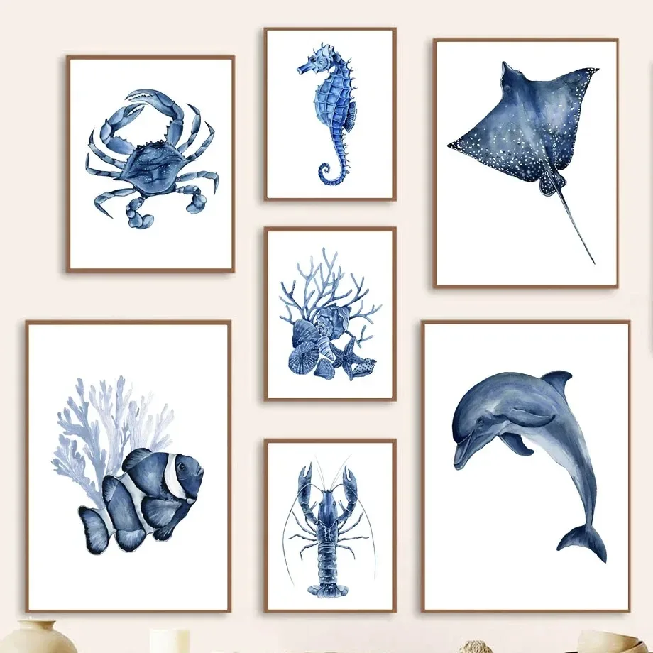 Whale Dolphin Crab Fish Octopus Seahorse Coral Ocean Posters And Prints Canvas Painting Wall Art Pictures Kids Room Home Decor