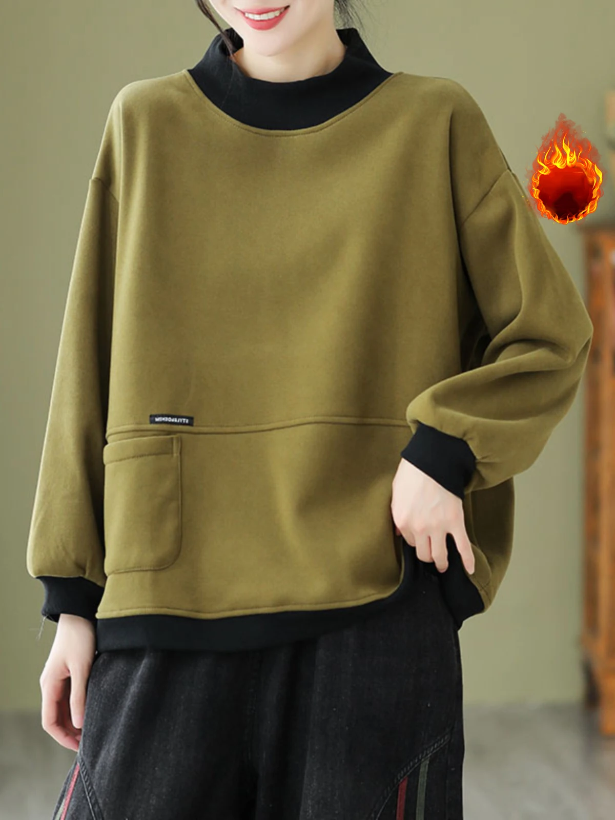 Autumn Winter Fashion Letter Patchwork Fleece Women Sweatshirt Half High Collar Loose Warm Simple All-Match Elegant Pullovers