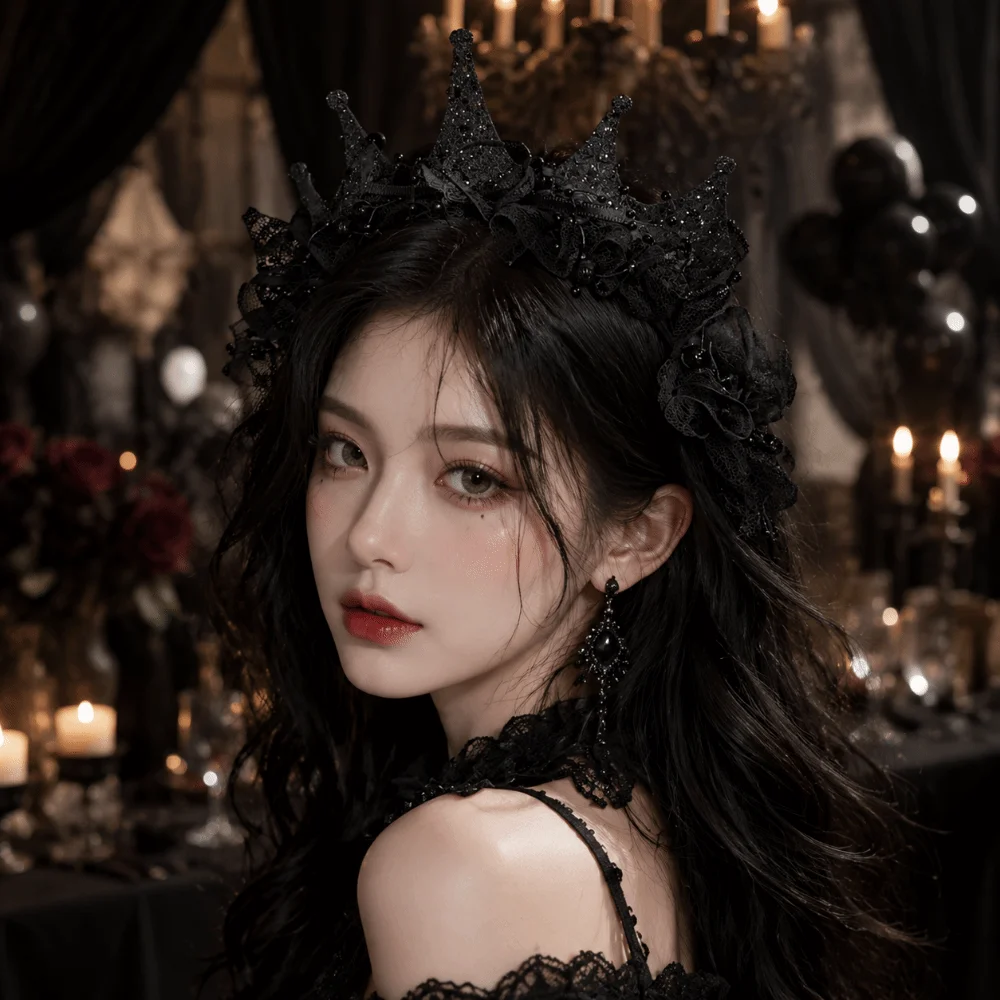Gothic Women's Black Headdress Dark Style DIY Black Rose Lace Crown Adjustable Comfortable Halloween Hair Hoop Party Wedding