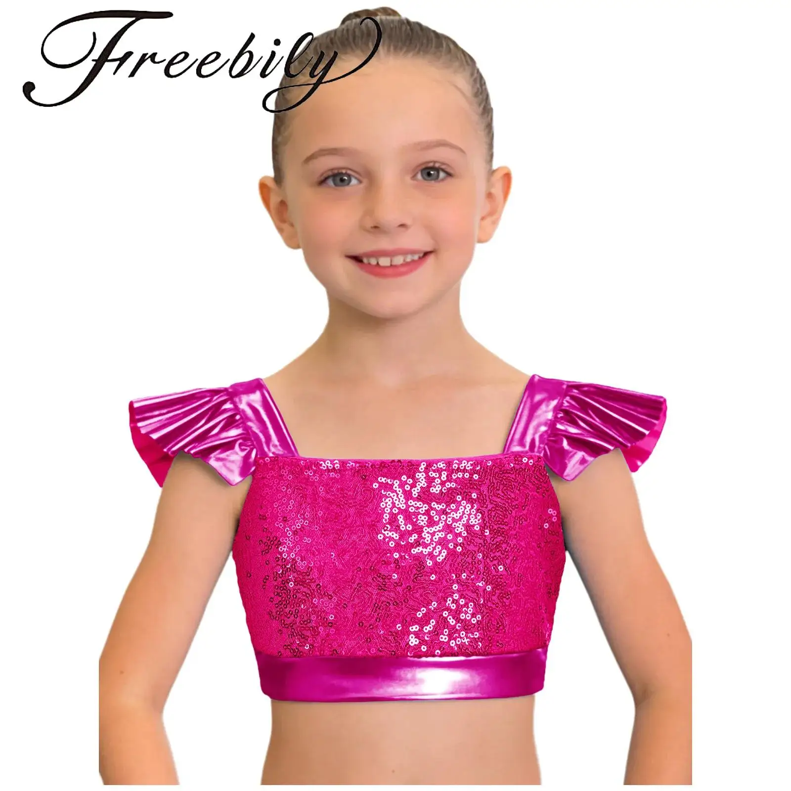 

Kids Girls Jazz Dance Performance Tops Square Collar Ruffled Sleeves Sparkling Sequin Metallic Crop Top