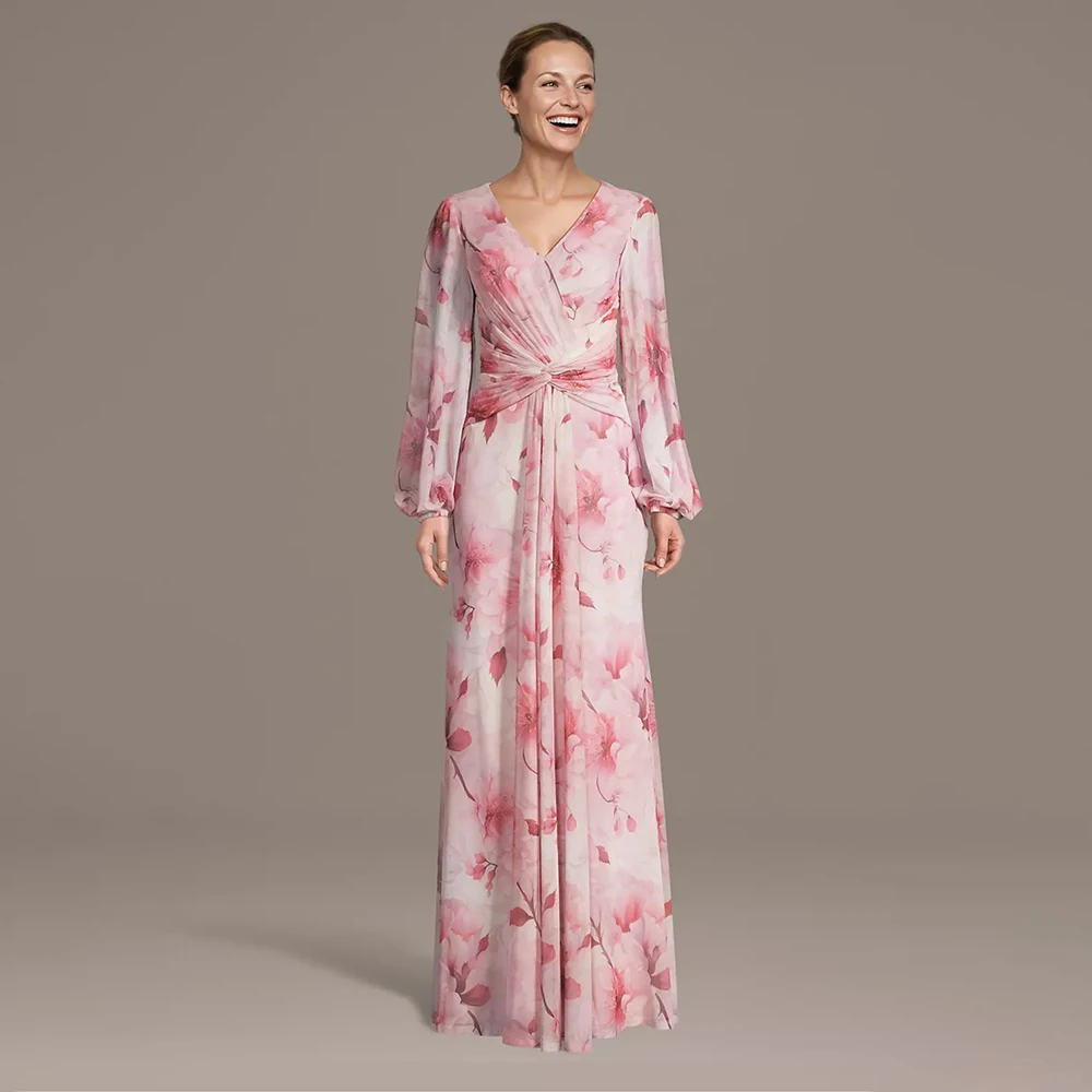 Mother Of The Bride Dress Floral Print Long Sleeve Pleated Elegant Women's Wedding Party Attire Formal Dresses On Clearance Sale