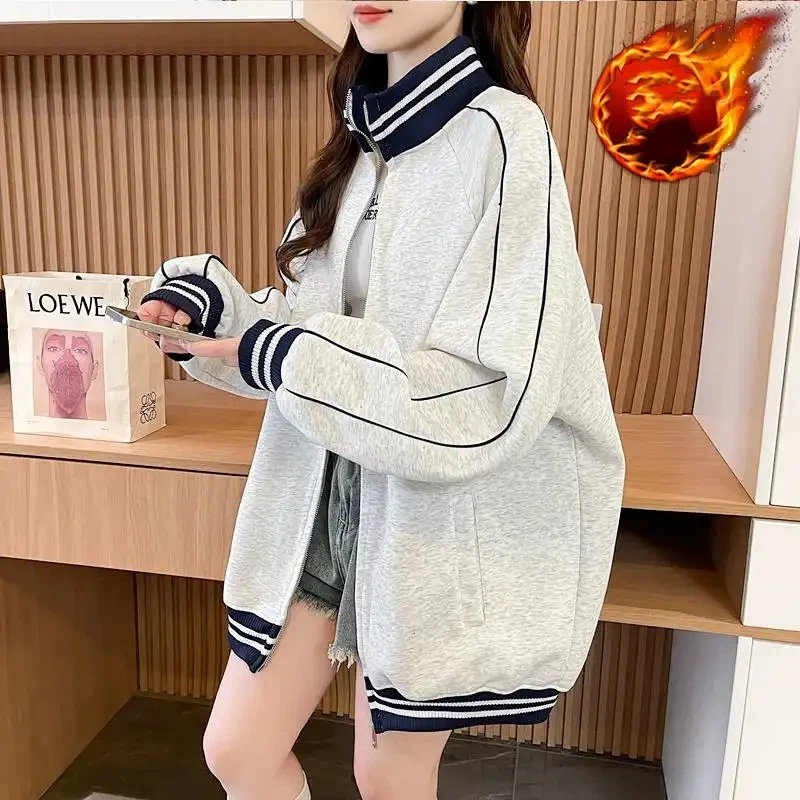 Women's Plush Lined Korean Relaxed Fit Baseball Jacket Stand Collar Loose Sporty Winter Coat Women Clothing