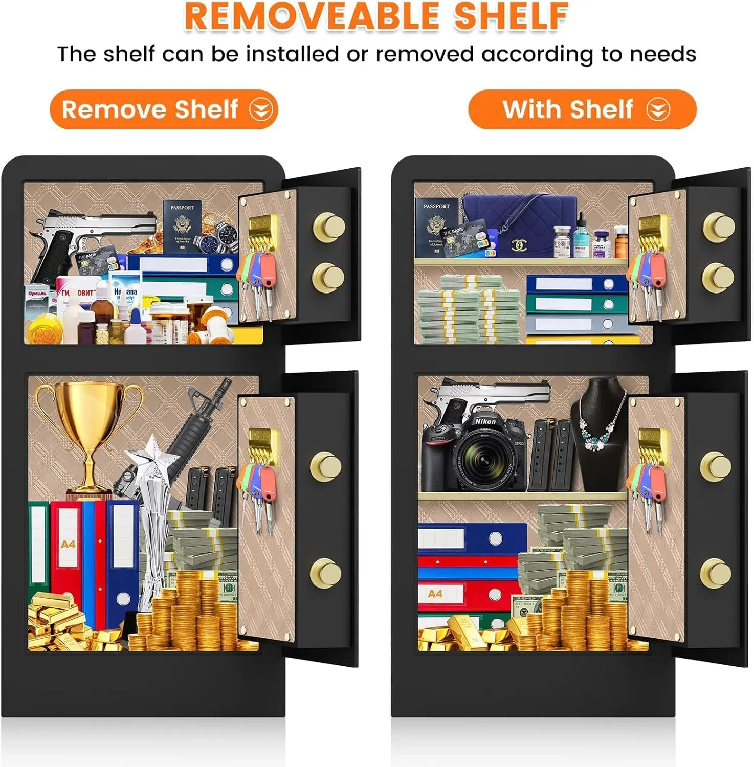 7.9 Cuft Large Safe Box Fireproof Waterproof, Fire Proof Safe With Dual Door, Digital Keypad, Removable Shelves, Hidden Compartm