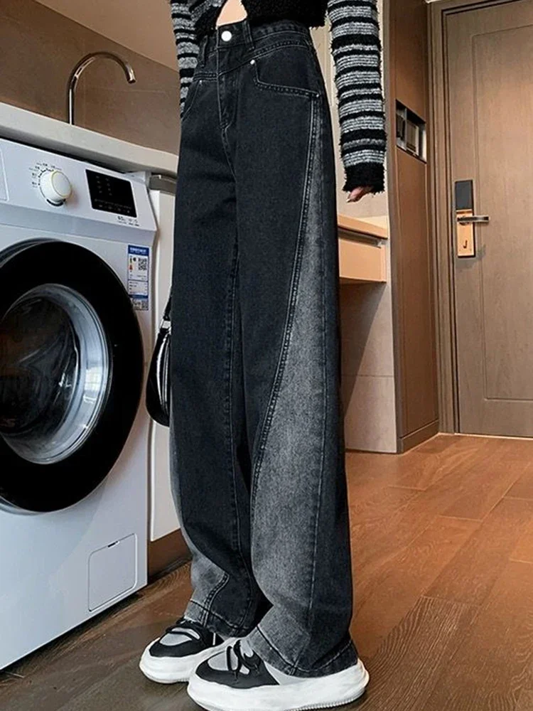 امرأة عالية الخصر الجينز سيدة الأمريكية شارع العليا المرقعة مستقيم الساق السراويل الفتيات أسود رمادي التباين اللون واسعة الساق السراويل