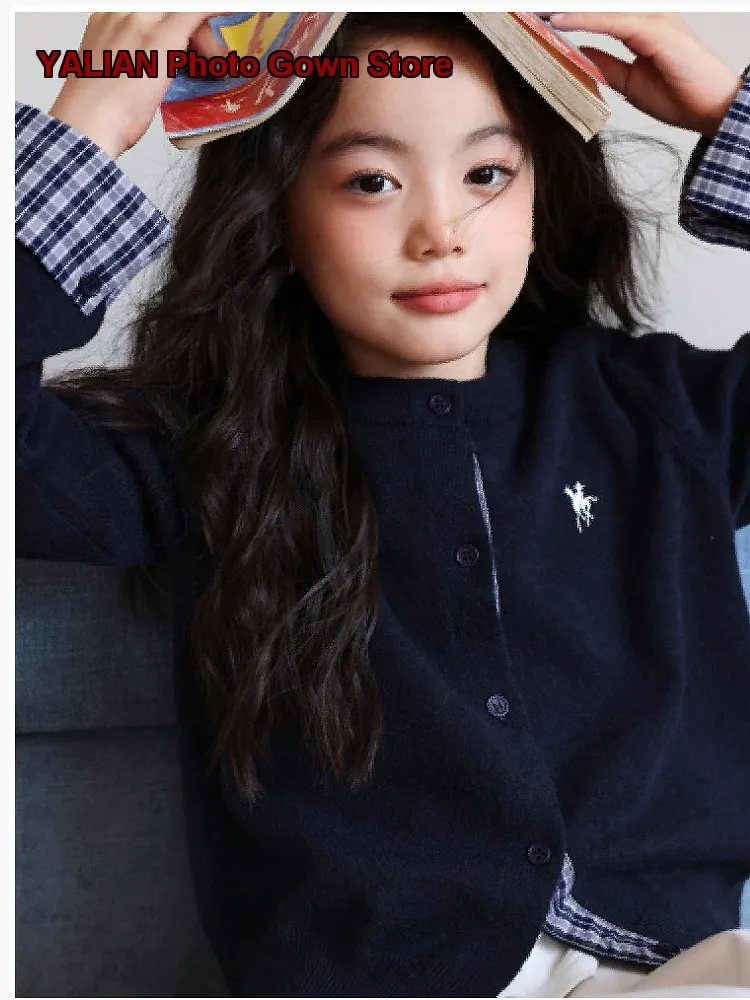 Pudding Haru Girls Knit Cardigan Jacket 2026 Spring Autumn Stylish Patchwork Coat