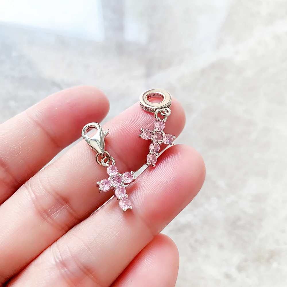 Pink Stone Cross Charm Pendant 925 Sterling Silver New DIY Jewelry Romantic Accessories For Women