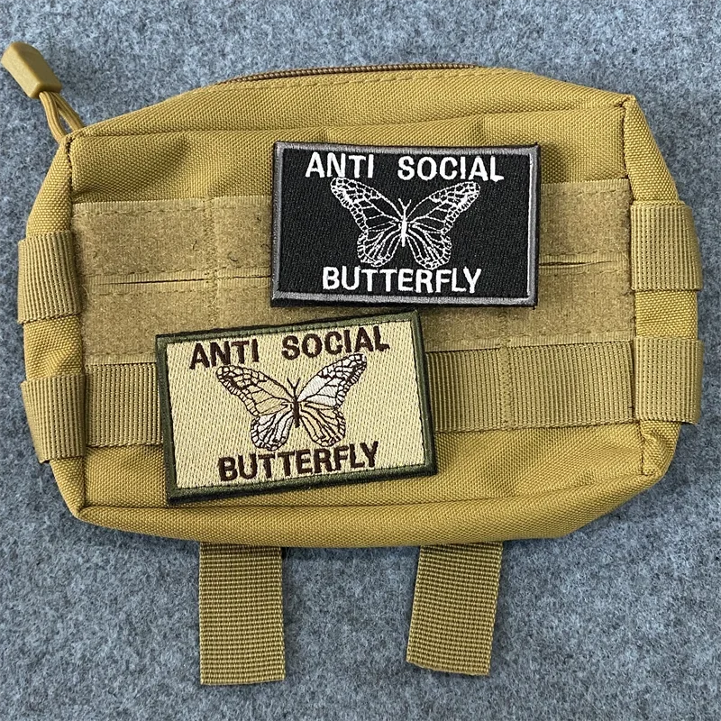 ANTI SOCIAL BUTTERFLY Embroidery Patch Hook&Loop Military Tactical Morale Badge Armband Appliques for Clothes Backpack Patches