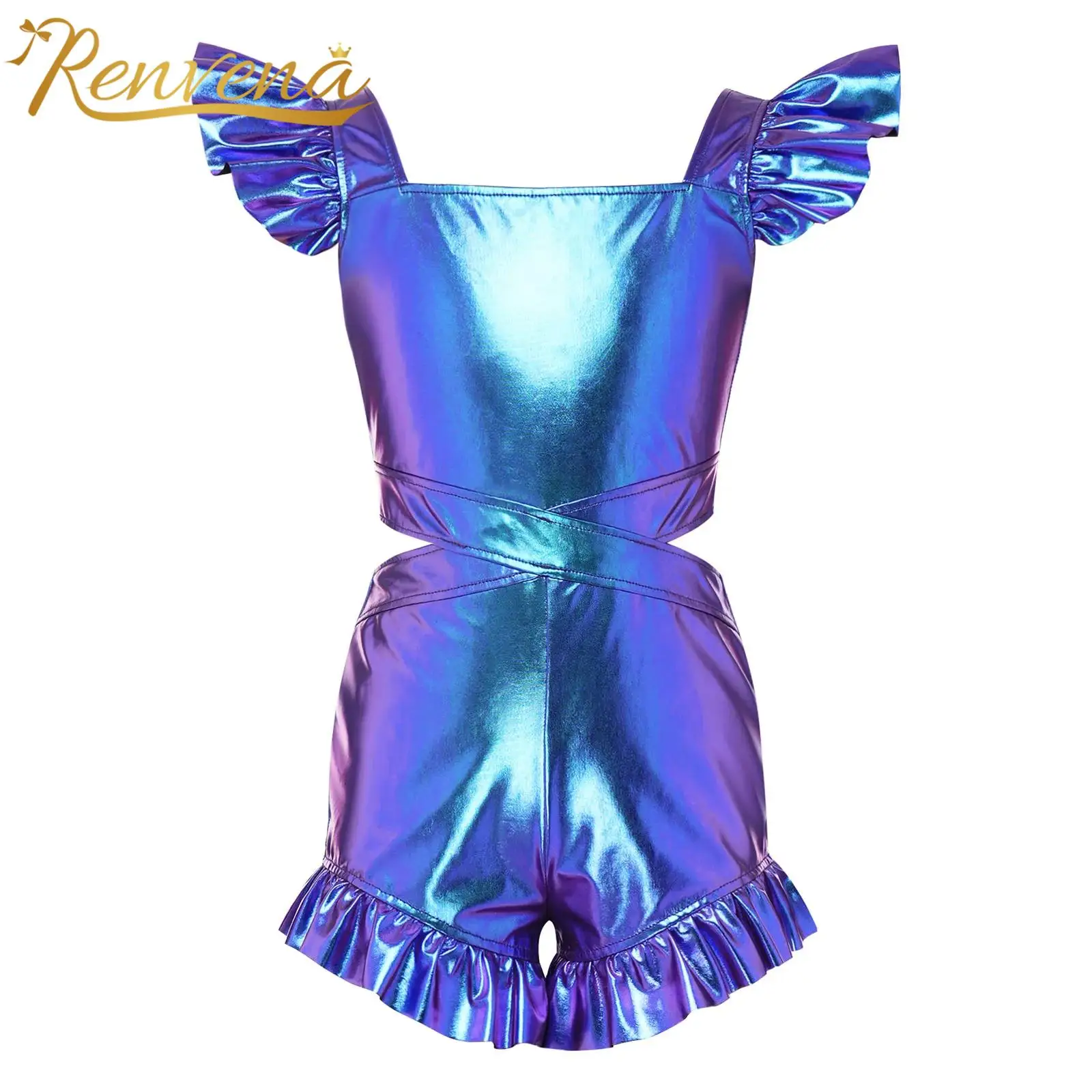 Kids Shinny Flared Jumpsuit Children's Jazz Dance Wear Sequins Sparkly Romper Jumpsuits Outfits 6-16 Girls 70s Disco Costume