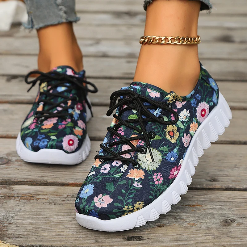 Trend Multi-color Floral Print Women Sneakers Outdoor Lace Up Shallow Woman Shoes Leisure Comfort Thick Bottom Single Shoes