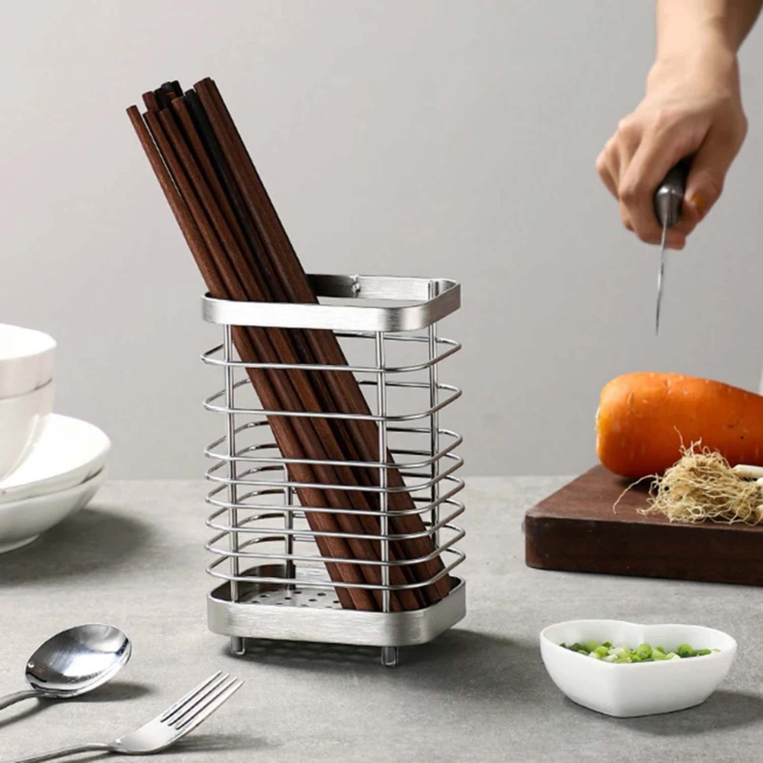 Elegant Stainless Steel Drainable Chopsticks Basket and Tube Set for Household Use - Including Practical Fork and Spoon Box - St