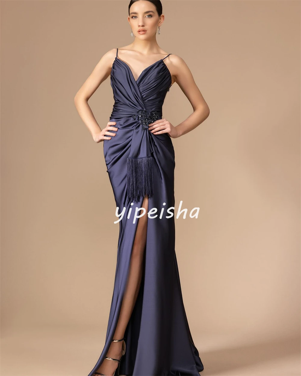 Customized Jersey Sequined Beading Tassel Ruched Clubbing A-line V-neck Bespoke Occasion Gown Long Dresses