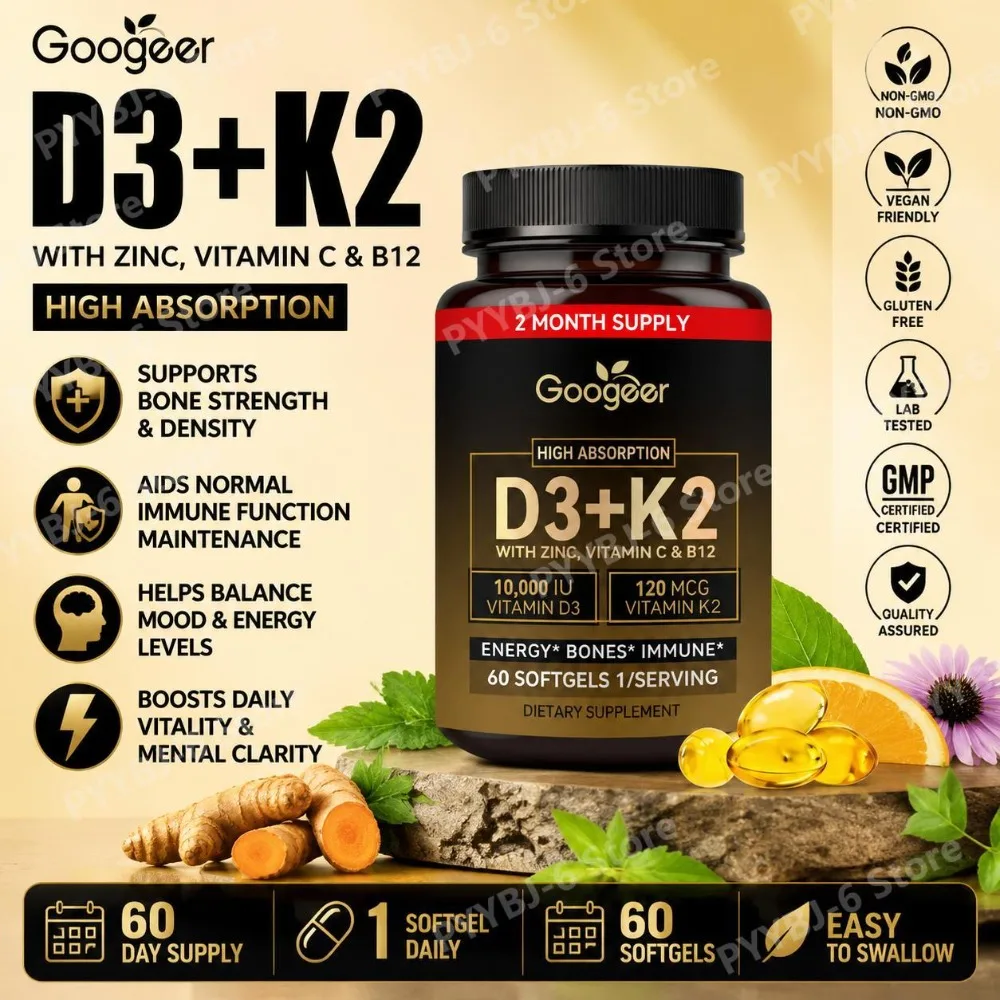 

Googeer D3+K2 Softgels with Vitamin C, D3, K2, B12 & Zinc for Bone Strength Immune Support, Energy & Immunity, 60 Softgels