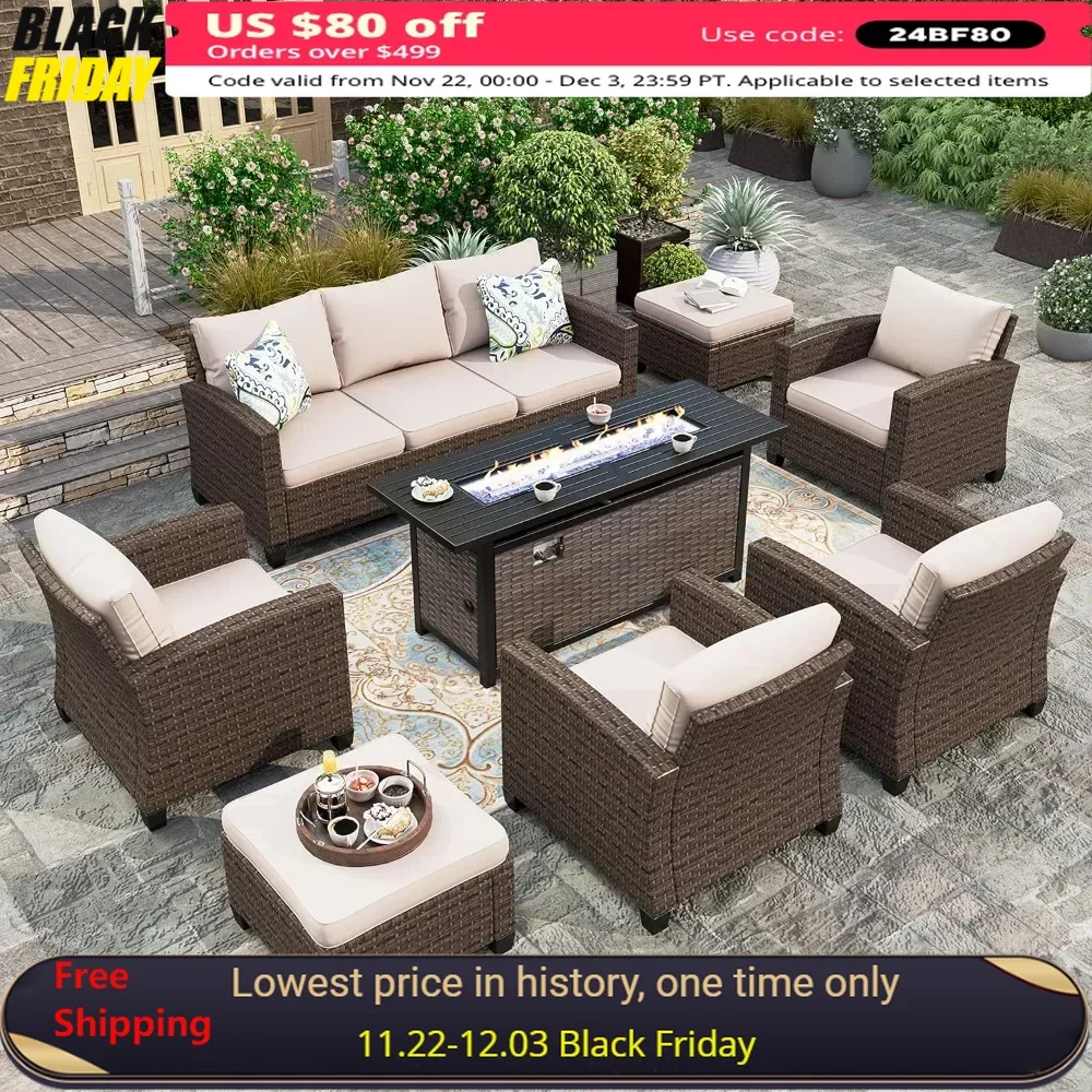 

Furniture Set with Fire Pit Table, Outdoor Wicker Conversation Set, 3-Seat Sofa with 56" Fire Pit Table, for Garden Sofas