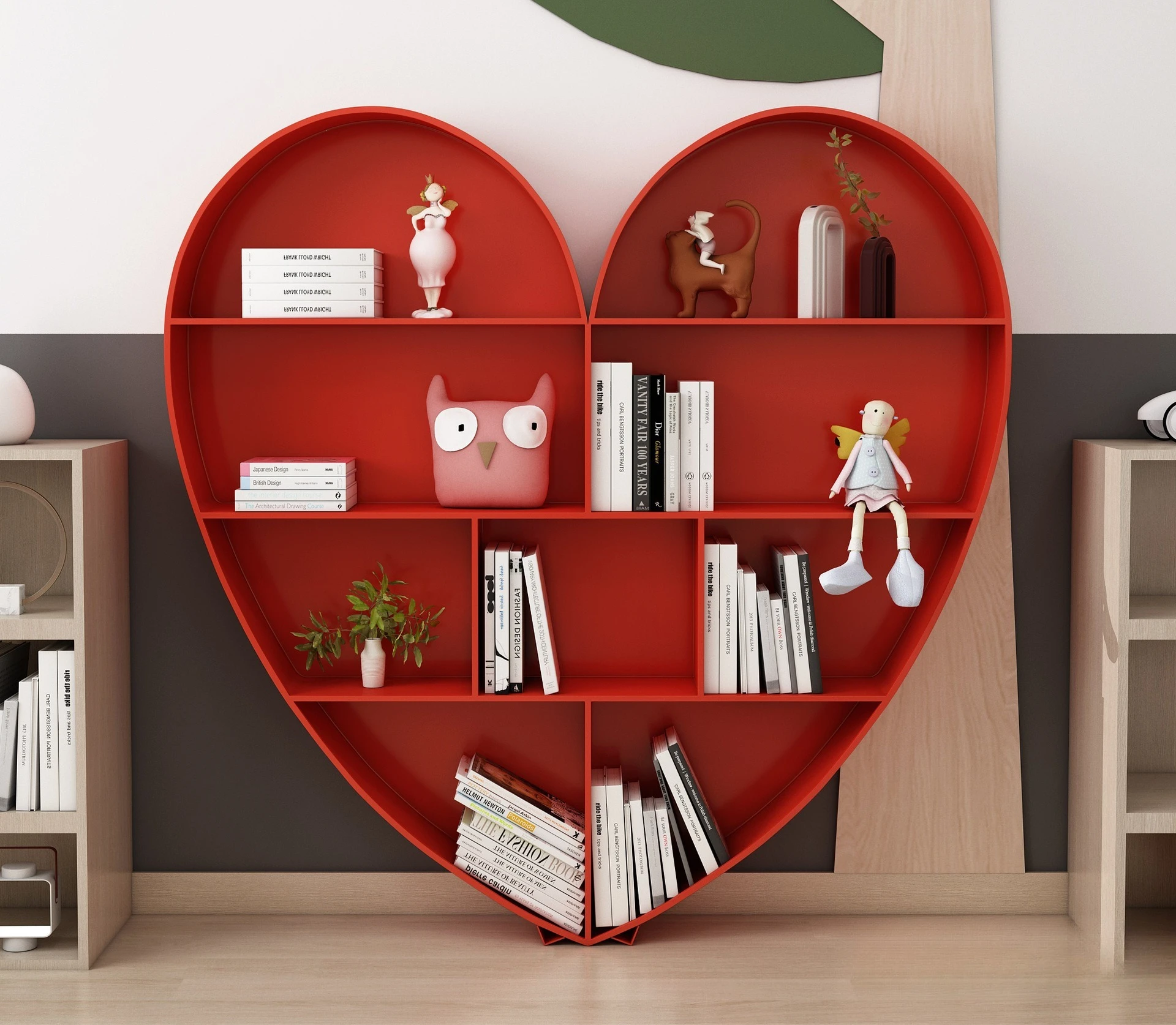 Creative love shape bookshelf red wall-mounted bookcase floor-to-ceiling store office background wall metal shelf