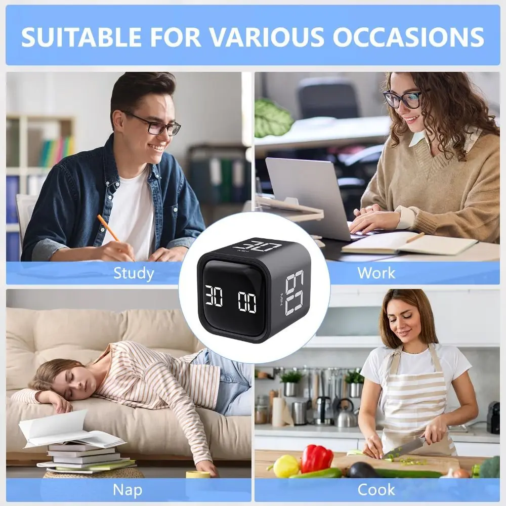 Gravity Sensing Digital Cube Timer 5/10/30/60min Rotation Timing Alarm Clock 3 Volume Adjustable Custom Countdown