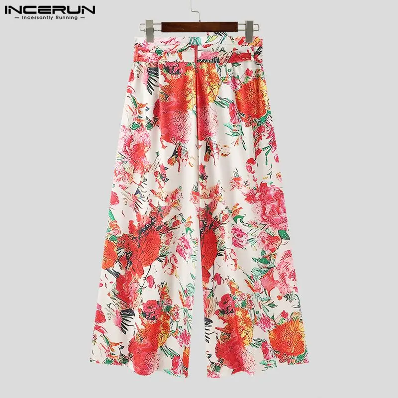 2024 INCERUN Long Trousers Men Pants High Waisted Floral Wide Leg Pants Casual Men Clothing Print Pantalons S-5XL Streetwear