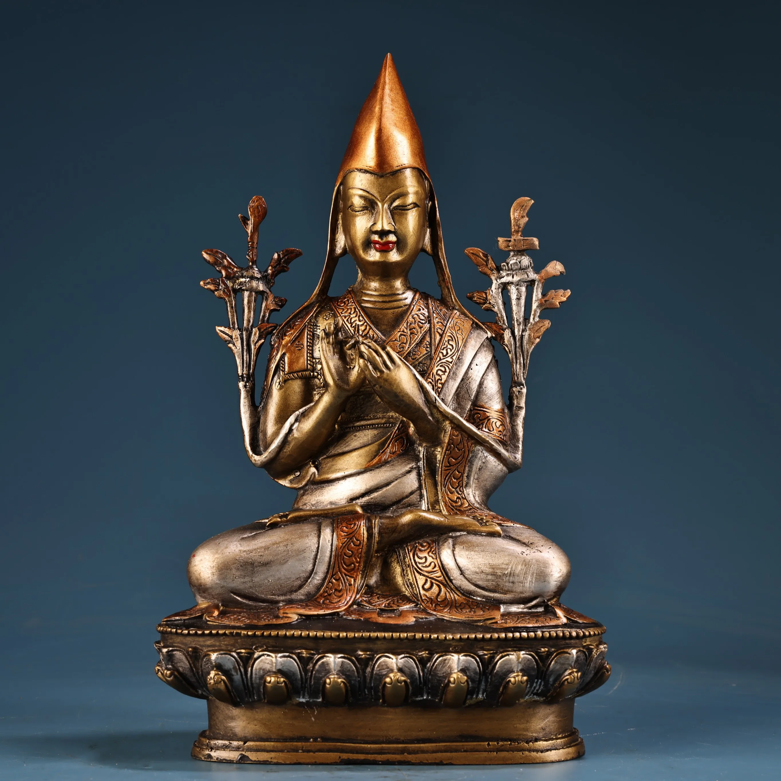 Old Bronze Painted Gilded High relief tsongkhapa  Tibetan Buddha Sitting Buddha Study screen Amass wealth Ornaments