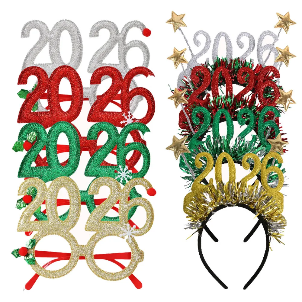 4/8pcs 2026 Numbered Glitter Tinsel Headbands & Glasses-like Frames-like- Large Number 2026 for New Year's Eve,Party Supplies