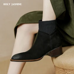 NEW Fall/Winter Women Shoes Pointed Toe Chunky Heel Boots Genuine Leather Black Boots for Women Fashion Hight Heel Modern Boots