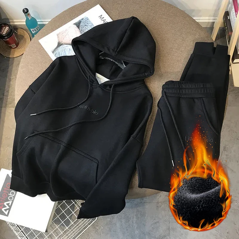 Winter Jogger 2 Pieces Sets Warm Hooded Sweatshirt Tracksuit High Waist Harem Pants Suits Plush Lined Thick Baggy Conjuntos