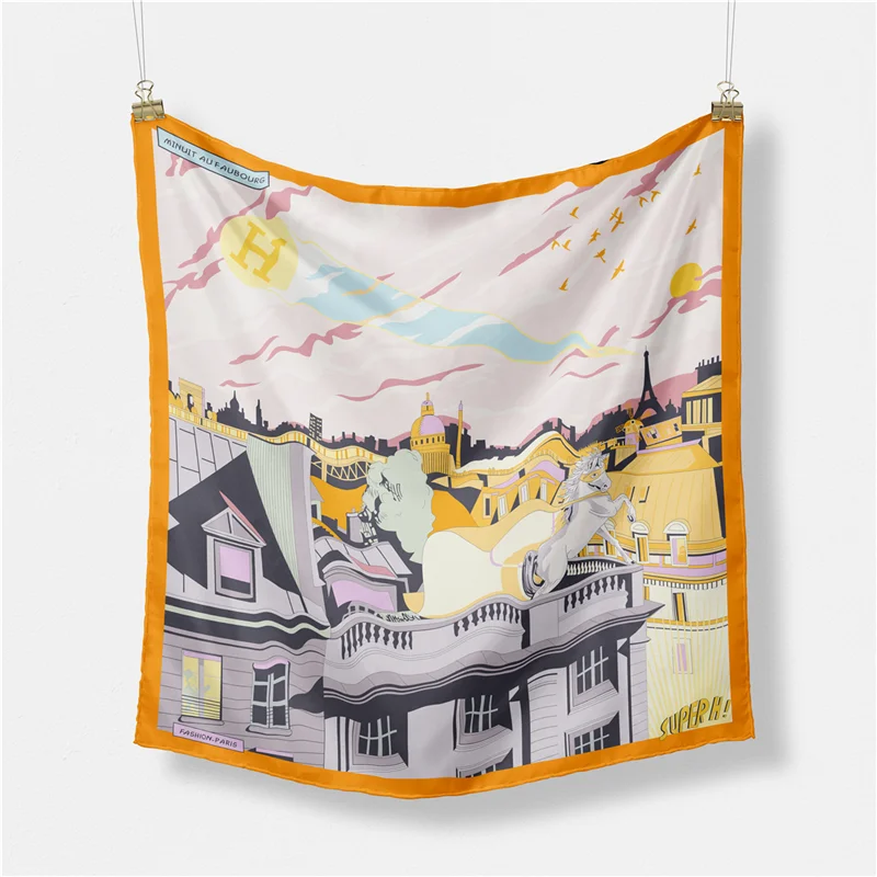 Foulards carrés en sergé pour femmes, foulards de peinture Bulidinglon, bandana, petits hijabs, bande de sauna aught, nœuds papillon féminins, 53cm