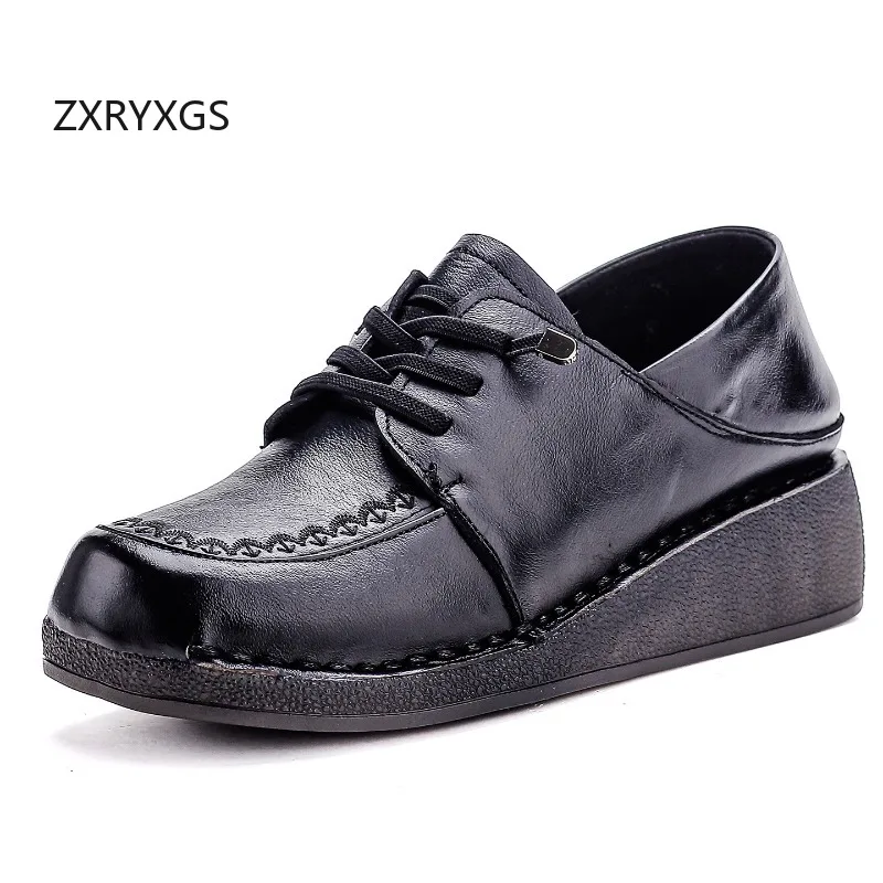 ZXRYXGS 2026 New Autumn Genuine Leather Single Shoes Wedges Mid Heels Women's Casual Sneakers Comfortable Soft Sole Trendy Shoes