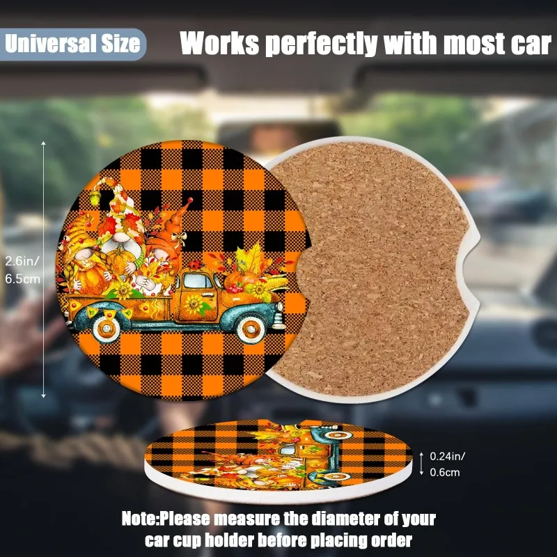Cup Holders Car Coasters - Fall Gnome Vintage Truck Buffalo Plaid Absorbent Ceramic Coaster, Drink Cup Holder Coasters