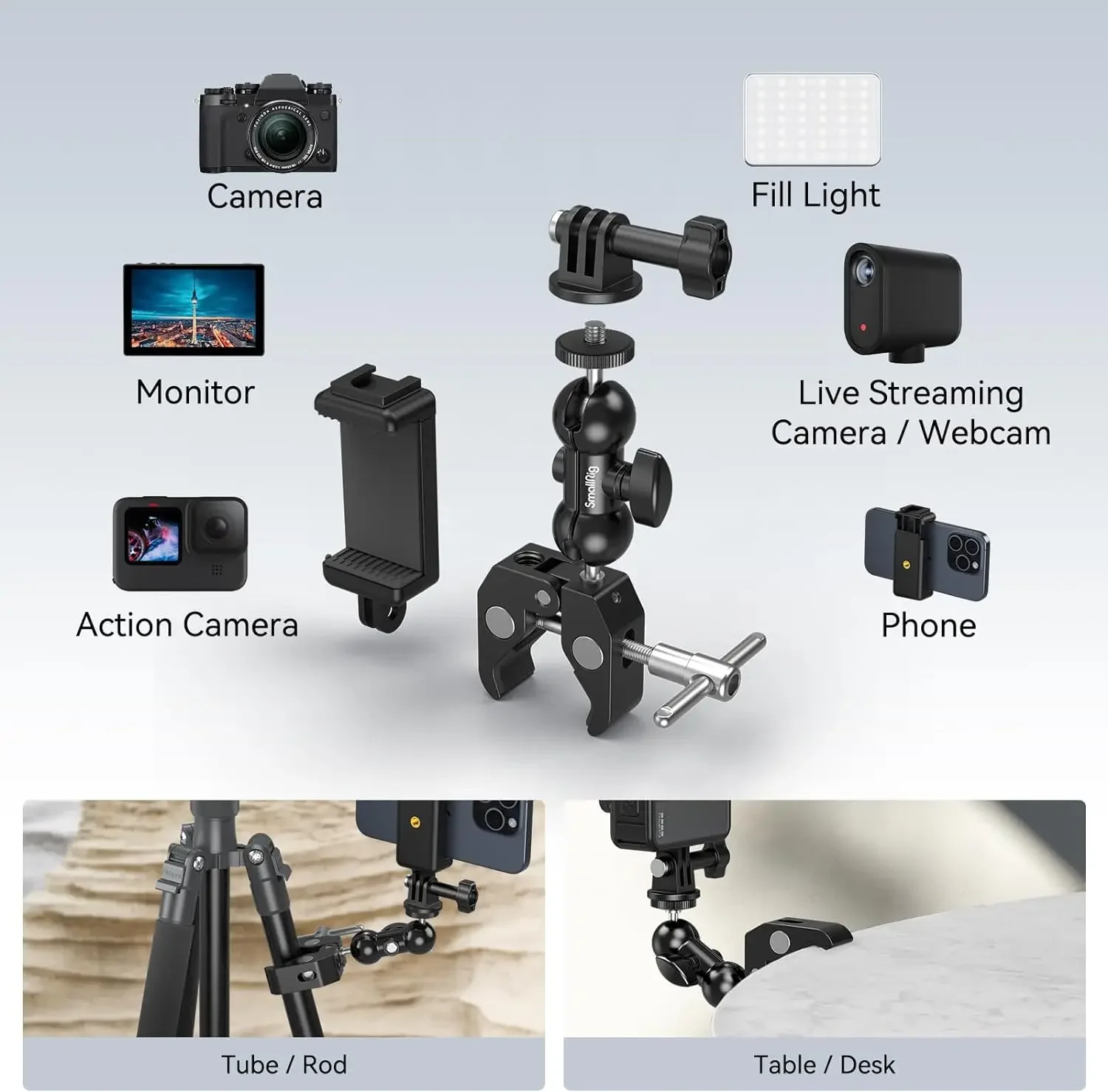 2026 In stock SMALLRIG Camera Mount Clamp Kit, Ball Head Magic Arm With Clamp, Super Clamp With Non-Slip Threads, for Gopro, Web