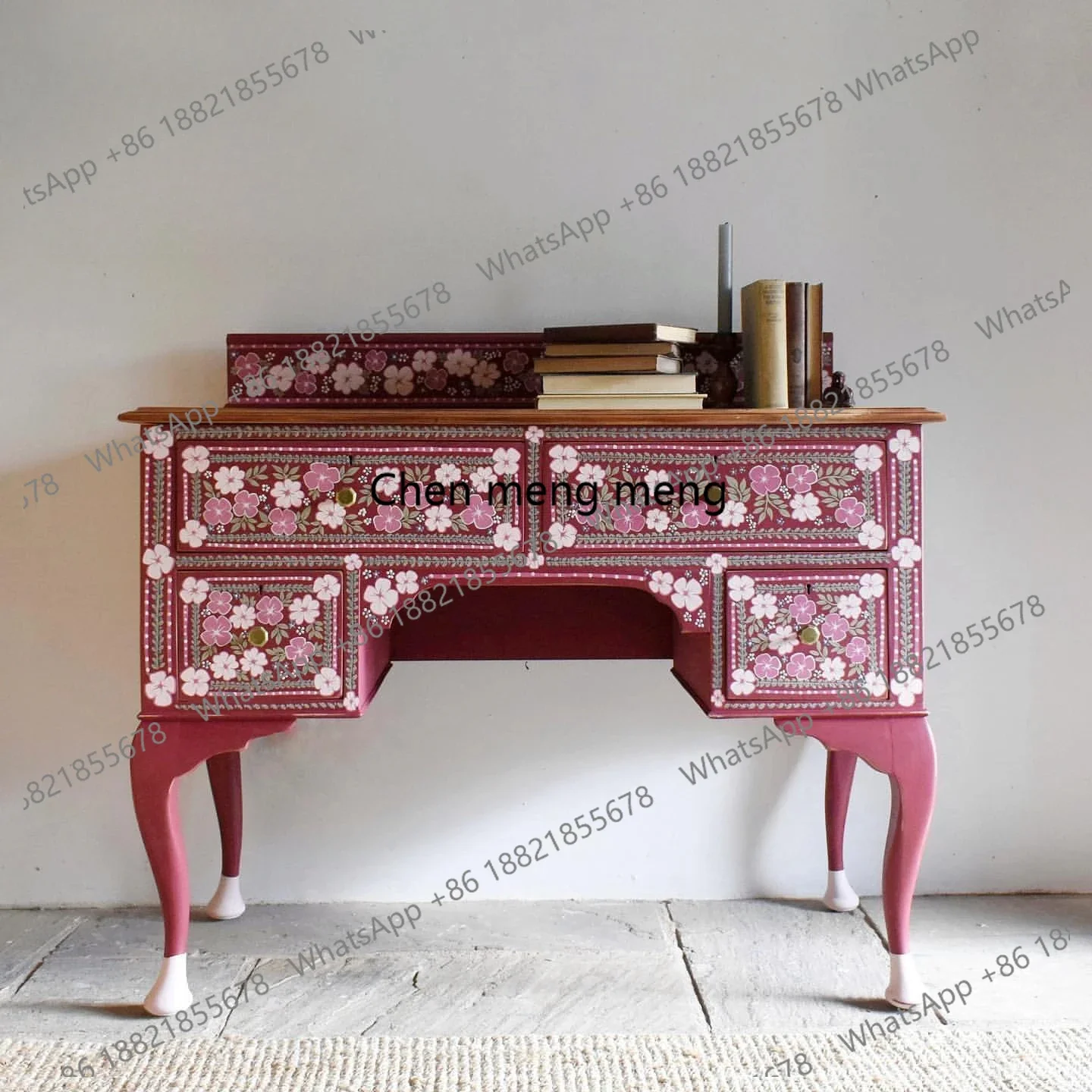 

French Style Solid Wood Hand-Painted Pink Dressing Table American Simple Bedroom Home Floral Pattern Dressing Table Writing Desk