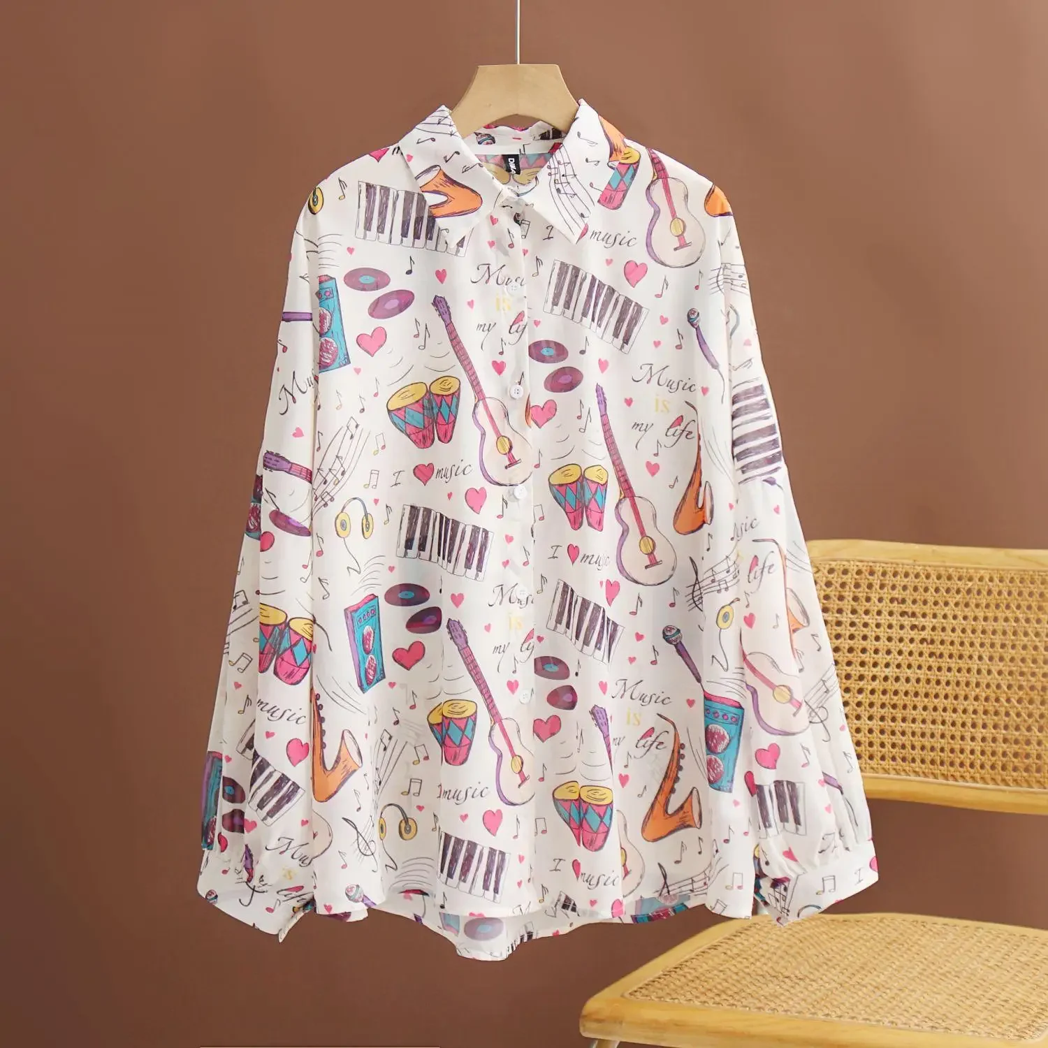 

Dimanaf Plus Size 2024 Blouse Women Shirts Transparent Print Thin Summer Long Sleeves Oversize Tops