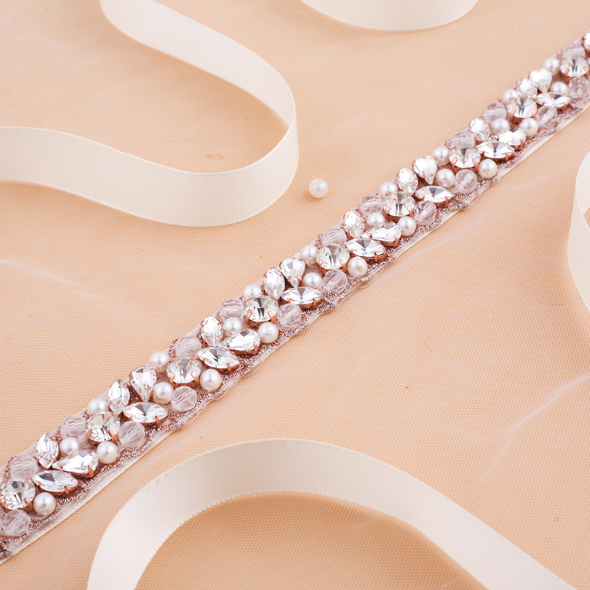 Nzuk Rose Gold Diamond Wedding Riem Strass Bruids Sjerp Kristal Parels Bruidsmeisje Riemen Voor Trouwjurk