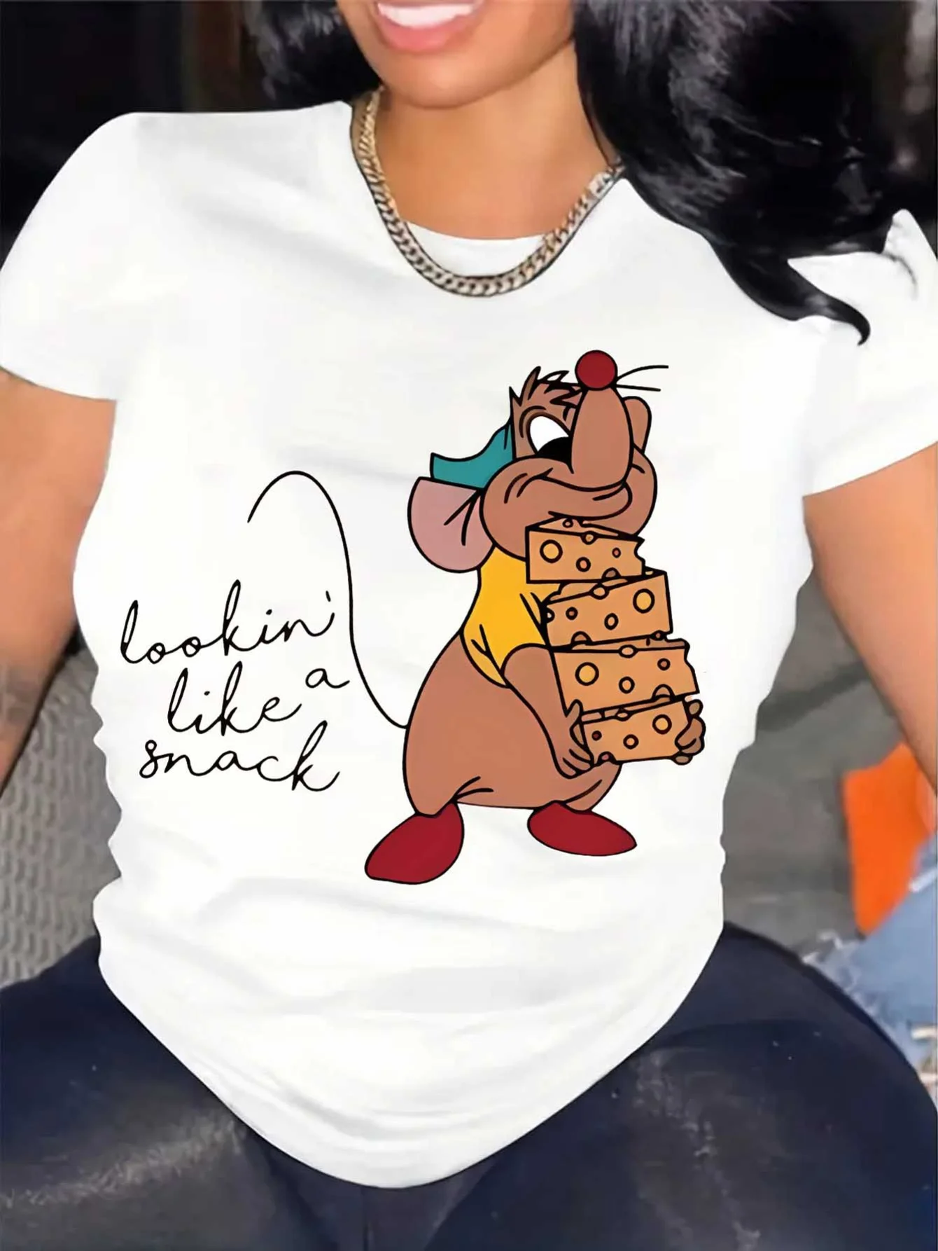 Cute Mouse Slogan Print Comfy T-Shirt Round Neck Short Sleeve Sports Tee Women's Activewear Casual Woman Shirt Funny Tees Shirt