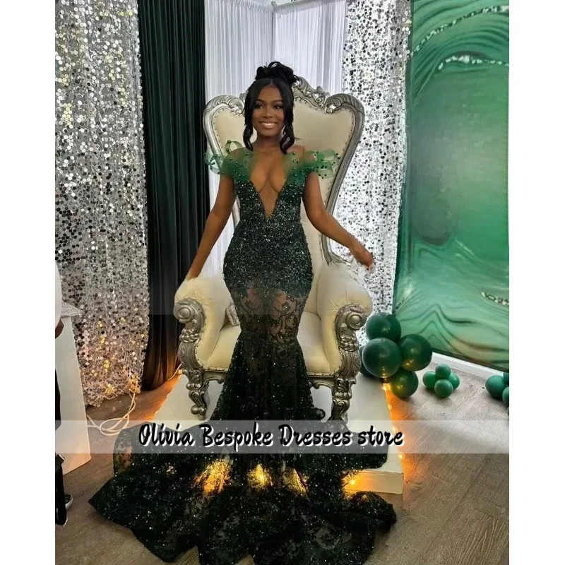 Vestidos de noche largos de sirena de color verde esmeralda para niña negra, apliques brillantes, vestido de recepción de cumpleaños, malla transparente personalizada