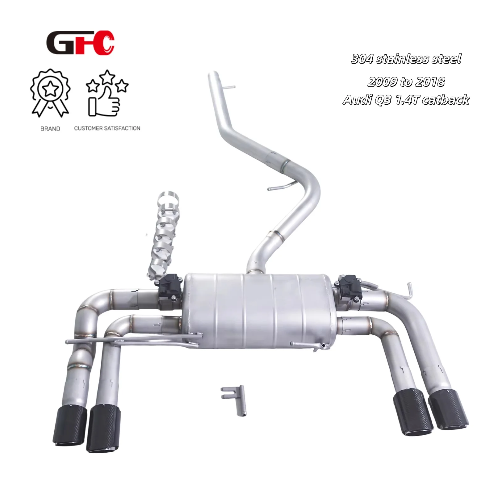 

GFC catback SUS304 high-performance exhaust system from 2009 to 2018, with valve muffler and 4 tips.Suitable for Audi Q3 1.4T