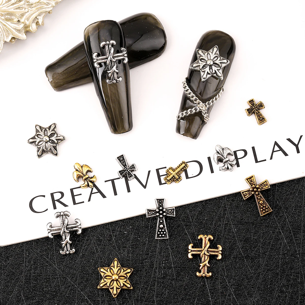 120pcs / 1 box Dark vintage Cross nail or y2k Advanced Metal Style Alloy Cross Nail patch Gold & Silver Cross Decor Set