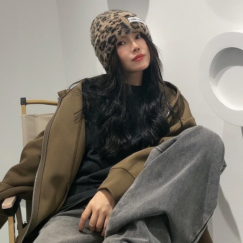 

Корейские стильные вязаные шапки с леопардовым принтом, женские нечеткие утолщенные теплые шапки, осенне-зимняя женская модная шапка SKullies, женская шапка