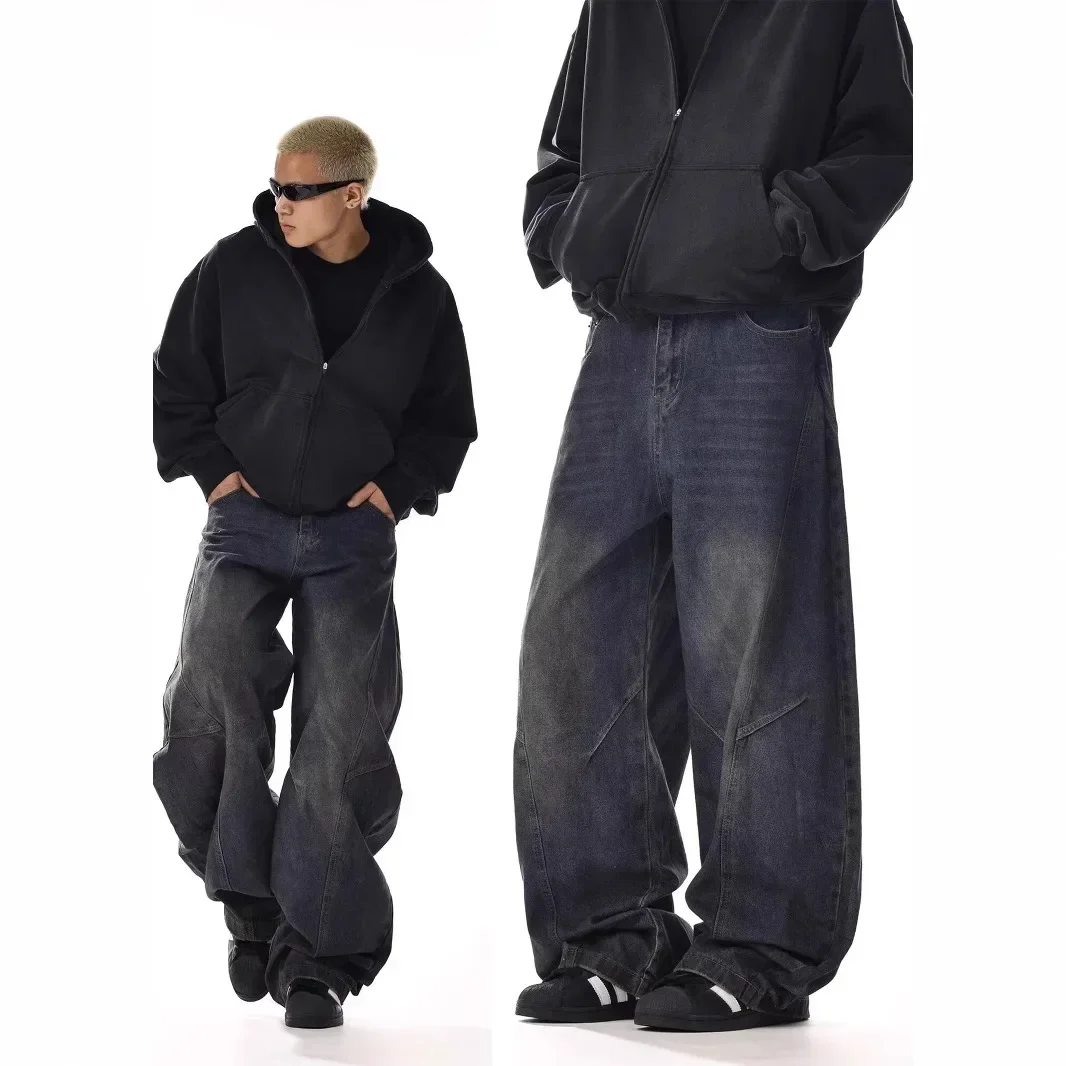 

Мужские джинсы Four Season Fashion 2025: винтажные, повседневные, модные, с эффектом потертости, широкие прямые брюки из денима, однотонные