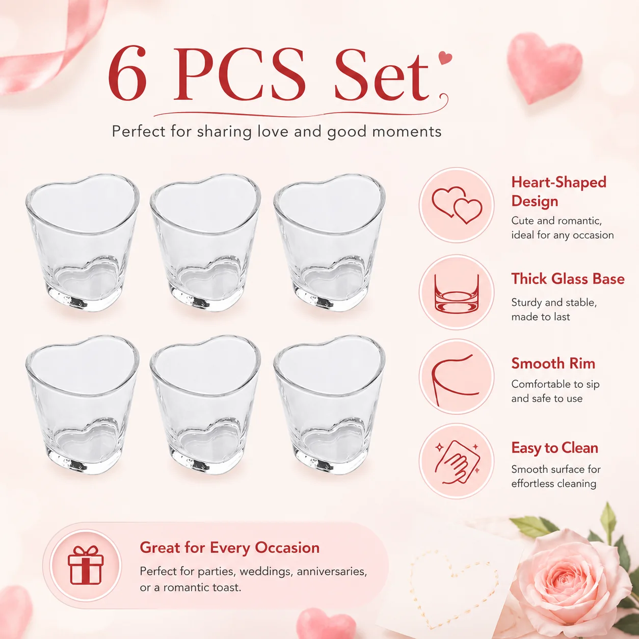 6PCS Heart-Shaped Glass Cup is Valentine's Day Party Decor Supplies/Soju Shot Glasses