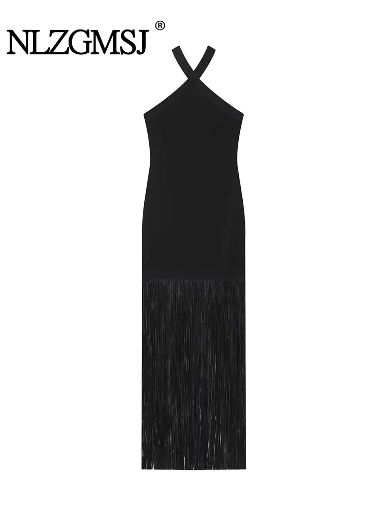 NLZGMSJ Casual Sexy mujer vestido con borlas sólido Halter sin mangas ajustado pliegues Vestidos largos moda 2025 otoño vestido de fiesta femenino