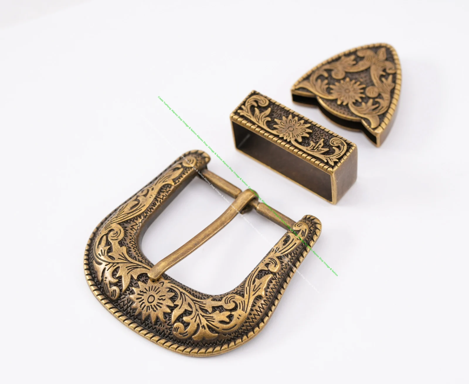 Antique Brass Floral Rope Side Rodeo Western Cowboy Three Piece Set Leathercraft Belt Buckle Unisex 1 1/2\