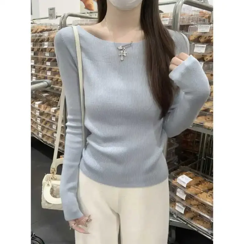 

Long Sleeve Women's Top Solid Color Design Korean Style Autumn Fashion Inner Wear Slim Fit Cashmere Knitwear round Neck