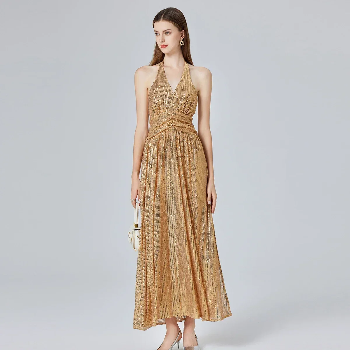 Spring Summer Gold Sequins Sleeveless Prom Party Clothes Robe Elegant Women V Neck Halter High Waist Backless Split Long Dresses